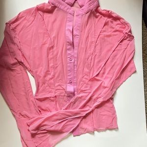Pink button up collared mesh long sleeve